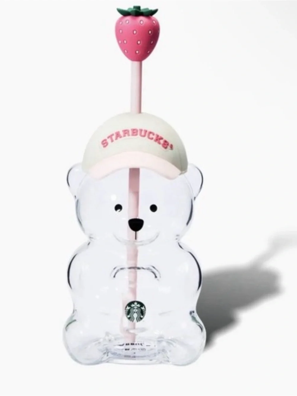 Starbucks Clear Bear Bottle with Pink Straw and Strawberry Topper